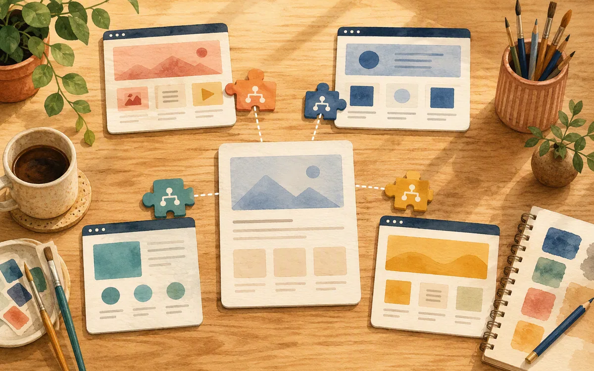 Painted worktable illustration of different website builders connecting pages to domains with unique routing pieces.