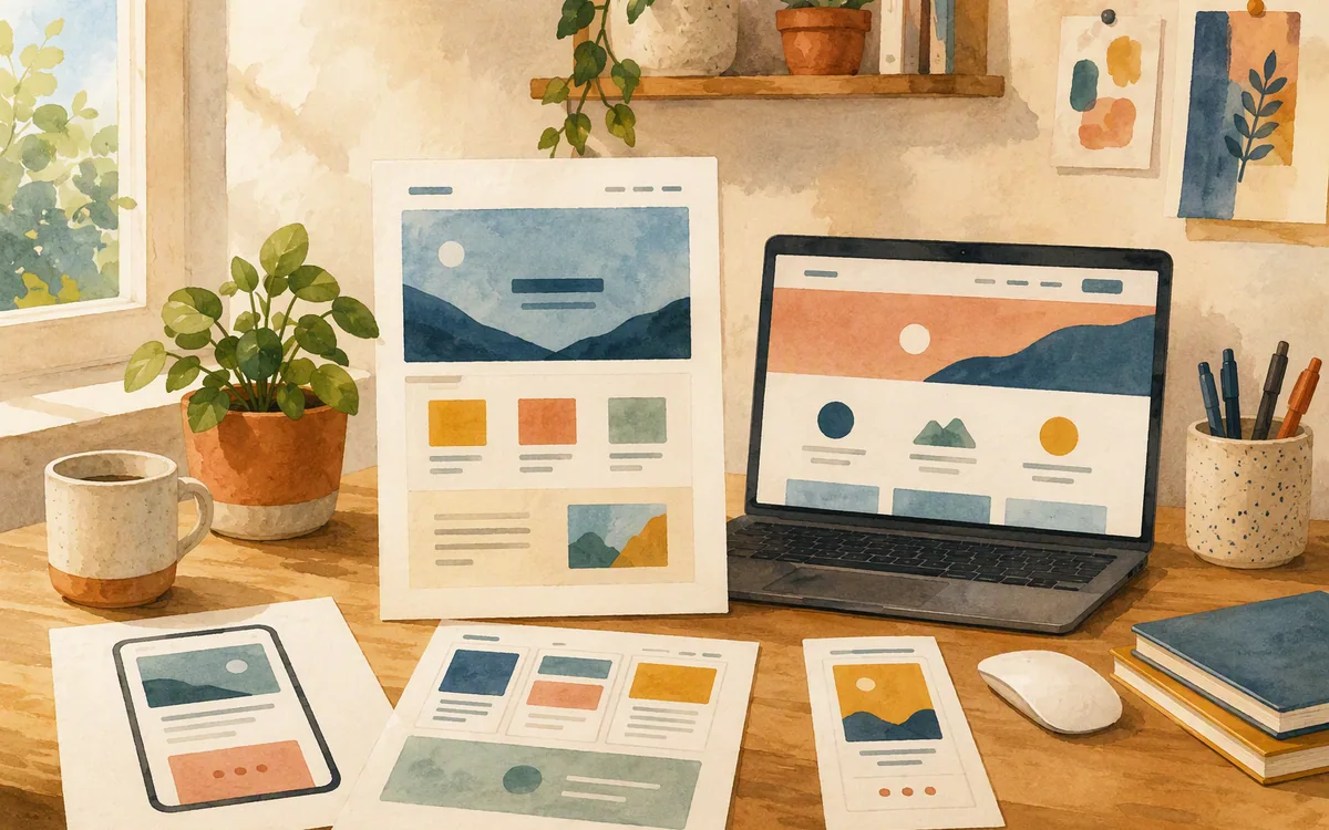 Hand-painted desk scene with landing page mockups and a laptop displaying a simplified page layout.