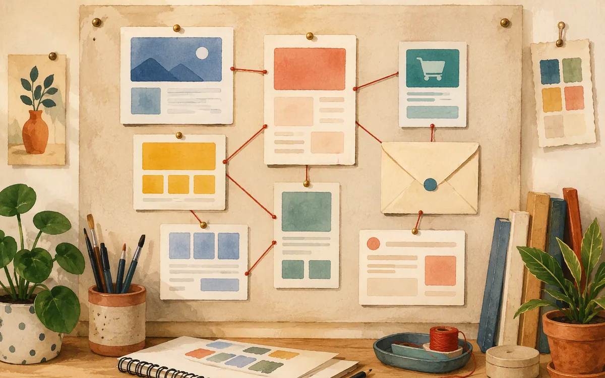 Hand-painted pinboard showing different landing-page workflow components connected by thread.