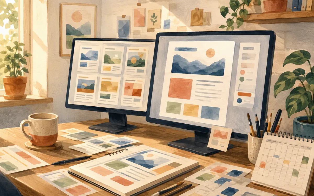 Hand-painted workspace comparing reusable page templates with a single campaign landing page.