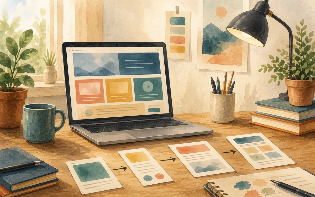 Hand-painted desk scene with a laptop showing simplified website page blocks and planning cards arranged beside it.
