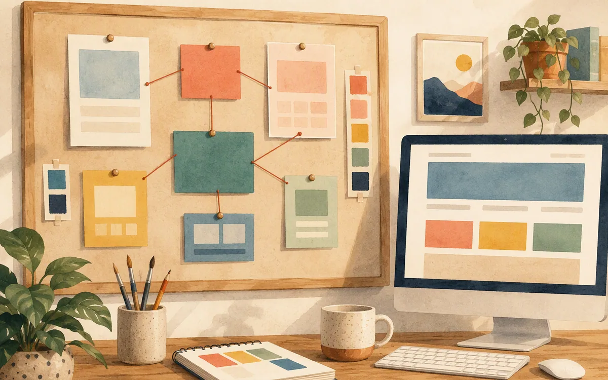 Hand-painted pinboard of connected page-layout cards beside a monitor showing a simplified finished web page.