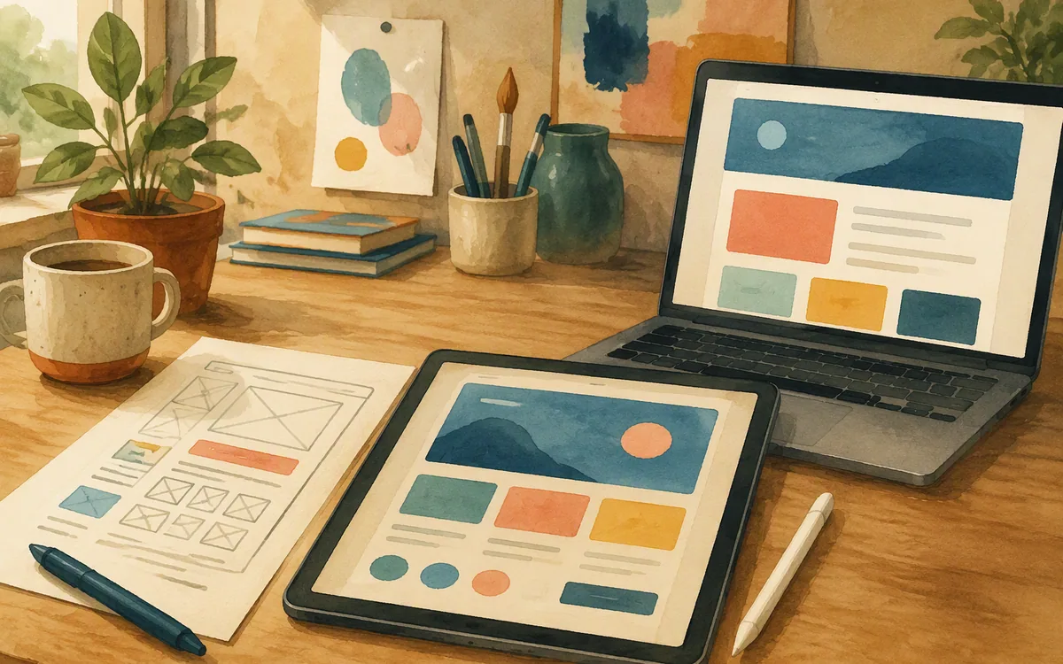 Hand-painted workspace contrasting wireframing, visual design, and a published website on different devices.