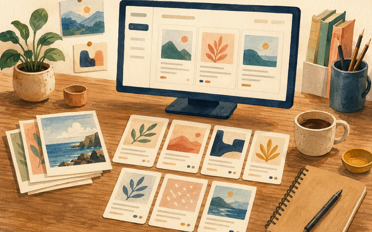 Hand-painted content workspace with a monitor showing repeated website content blocks and reusable content cards.