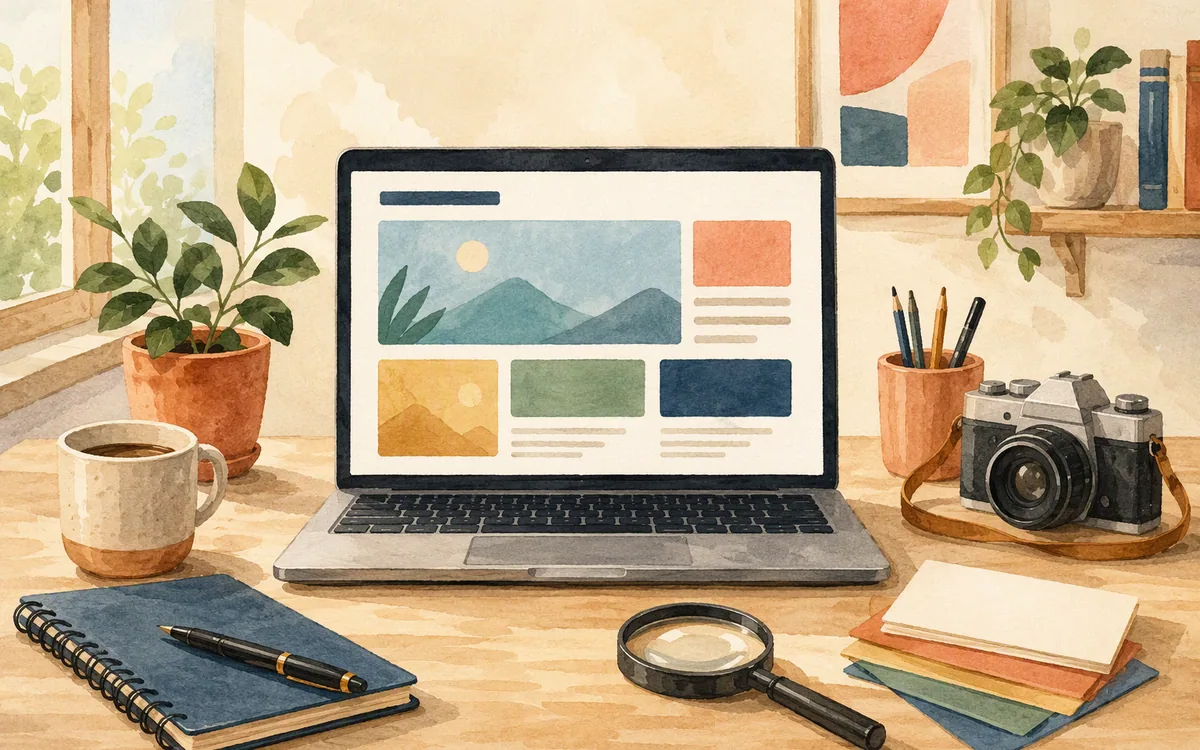 Hand-painted desk scene with a laptop showing a simplified landing page layout and SEO-related work objects.