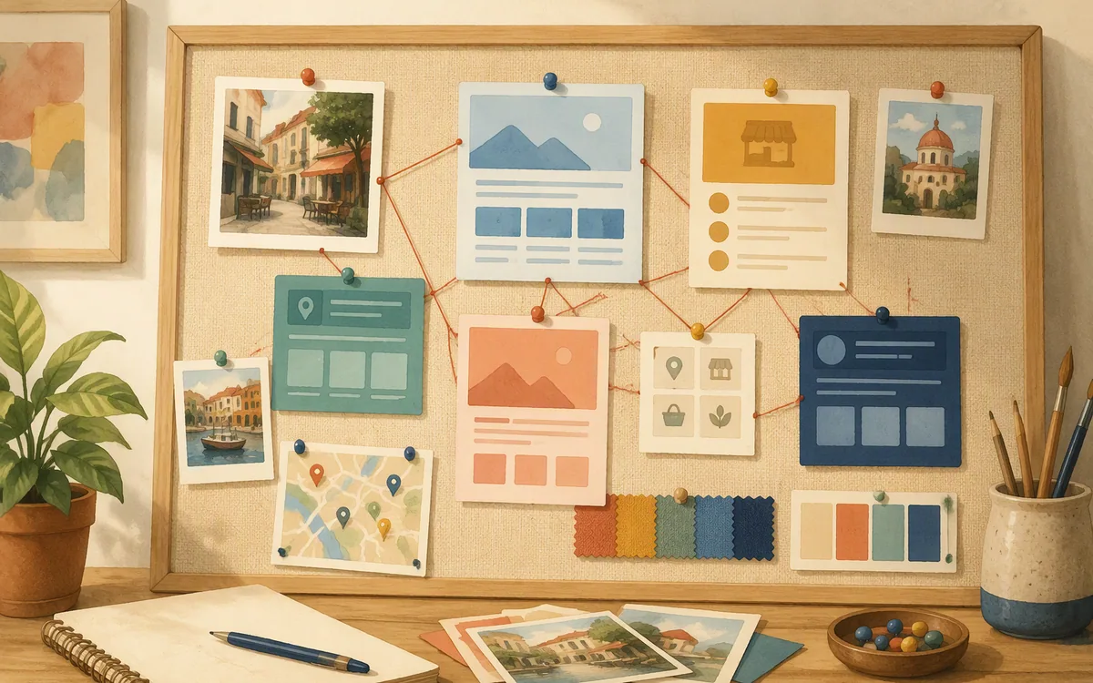 Hand-painted pinboard illustrating a set of distinct landing page templates with local and service-specific assets.