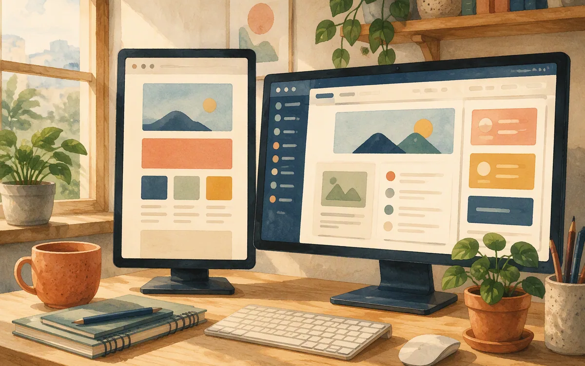 Hand-painted workspace comparing a simple landing page publishing setup with a more complex content management setup.