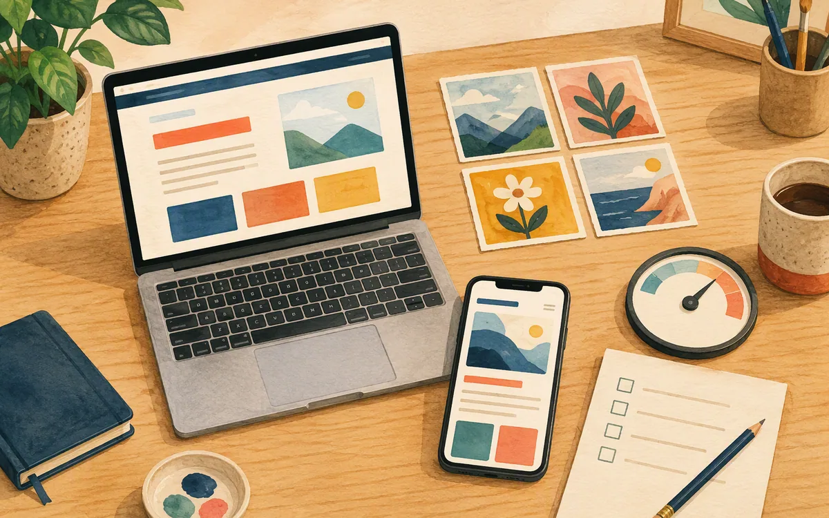 Hand-painted responsive landing page workflow with desktop and mobile layouts, media assets, and quality checks.