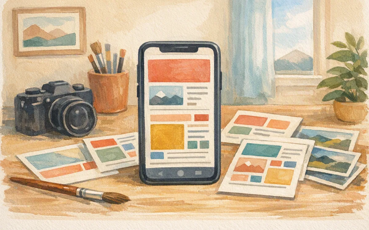 Hand-painted desk scene with page layout cards, a camera, art supplies, and image prints representing different website-building choices.