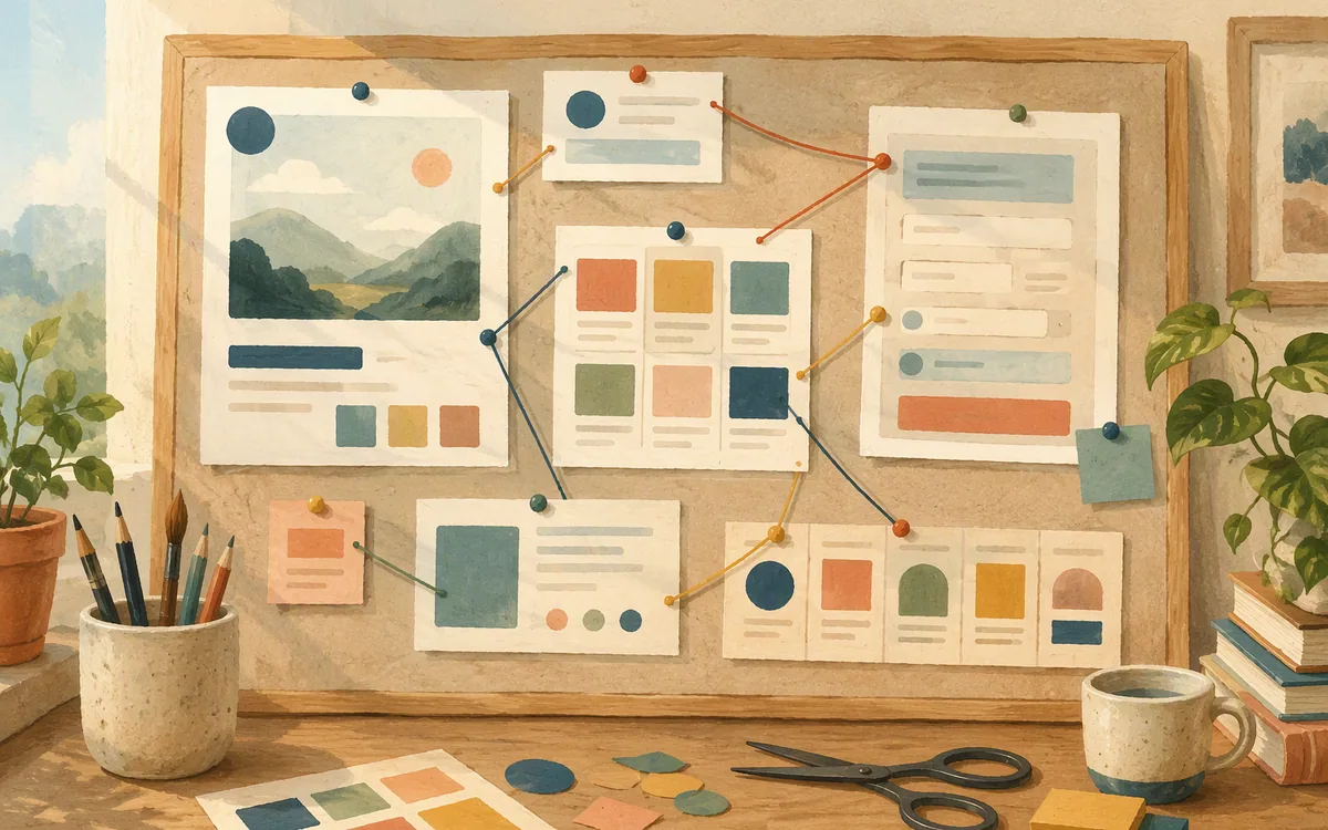 Hand-painted pinboard with connected page fragments representing the features to review before moving a website.