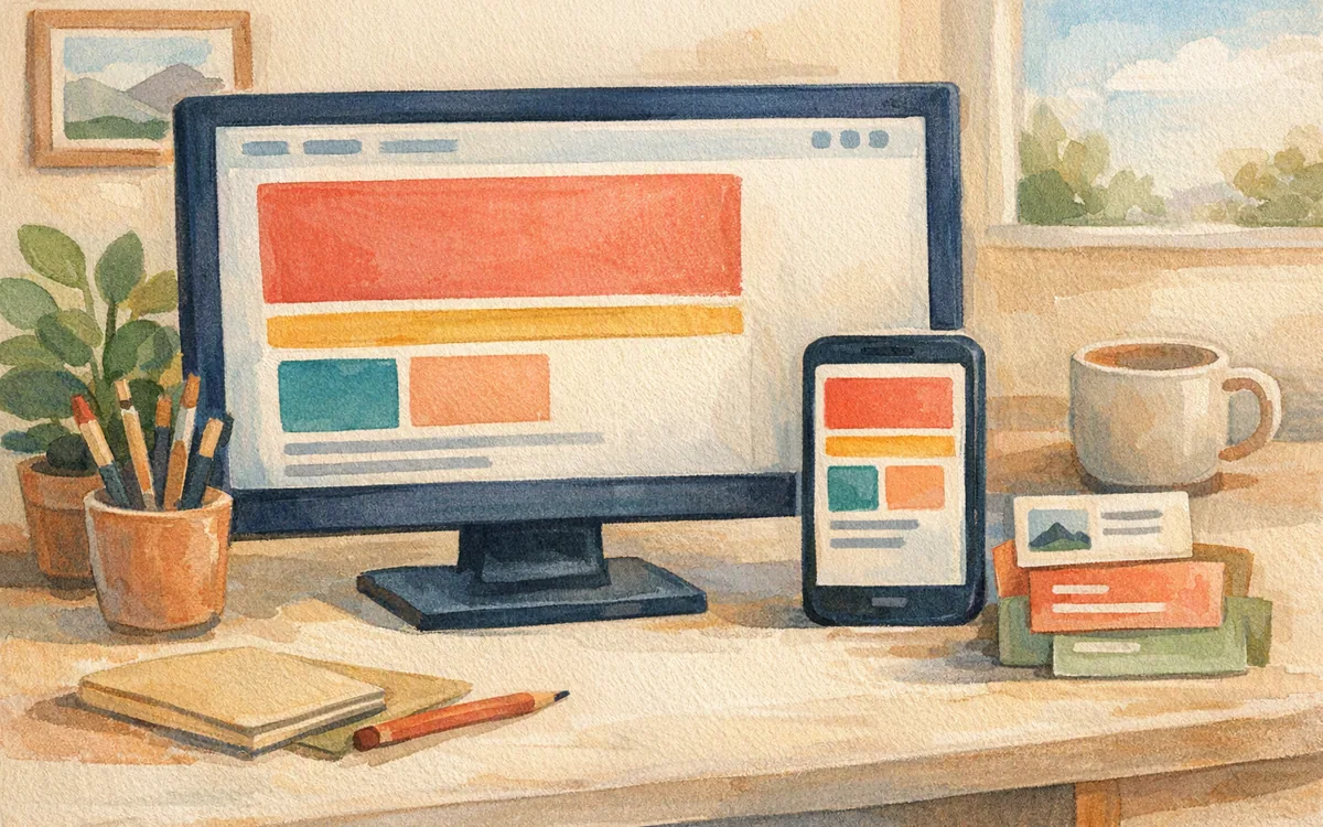Hand-painted monitor and phone displaying simplified responsive page layouts with reusable content cards.