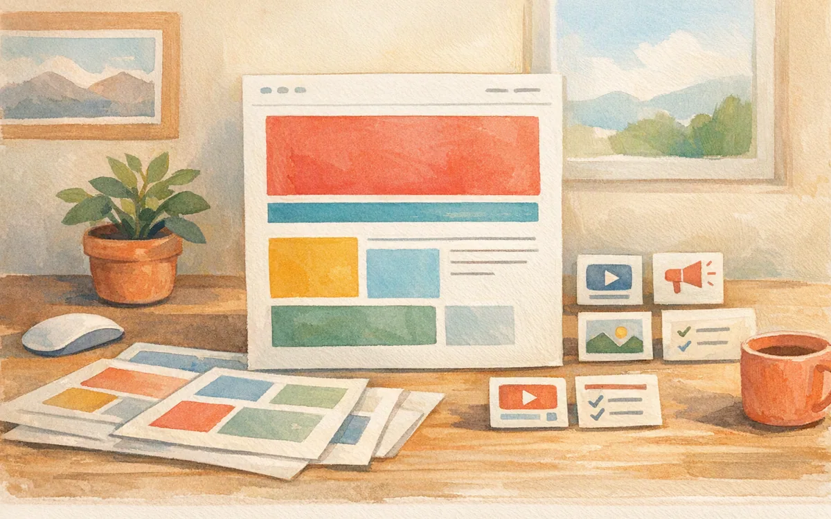Hand-painted desk scene with several abstract landing-page layouts and campaign planning materials.