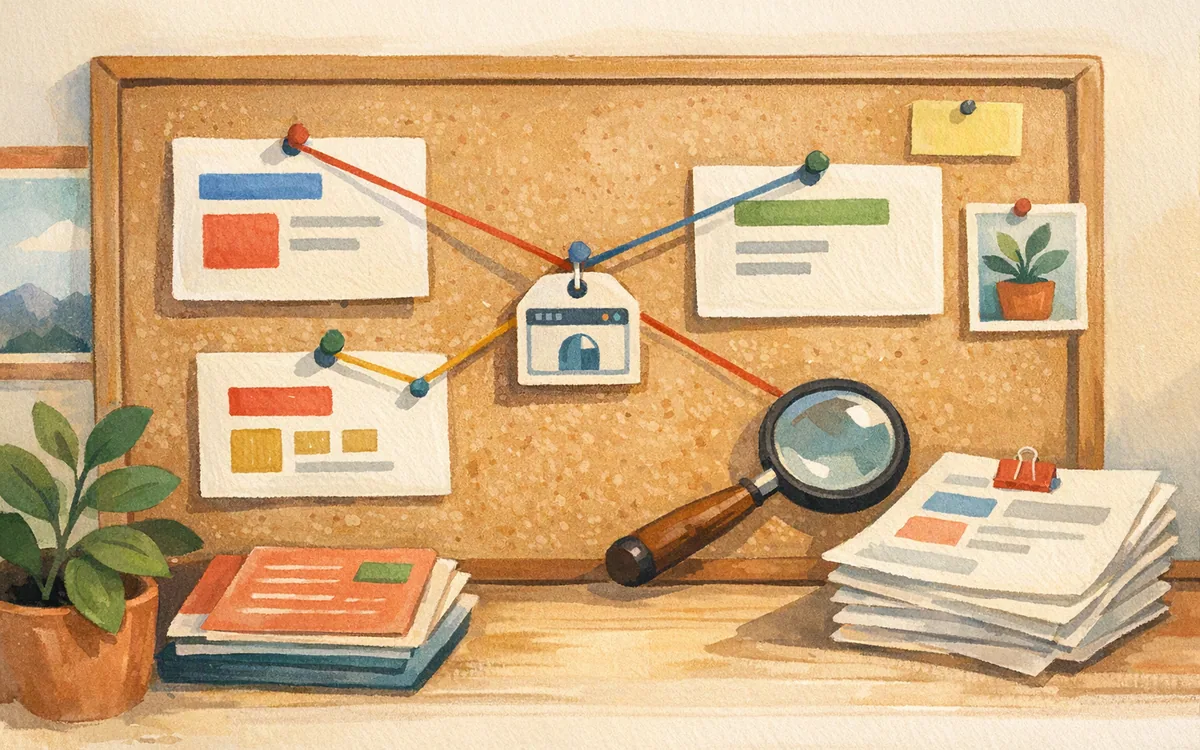 Hand-painted pinboard illustrating connected content pages, a domain, and search discovery planning.