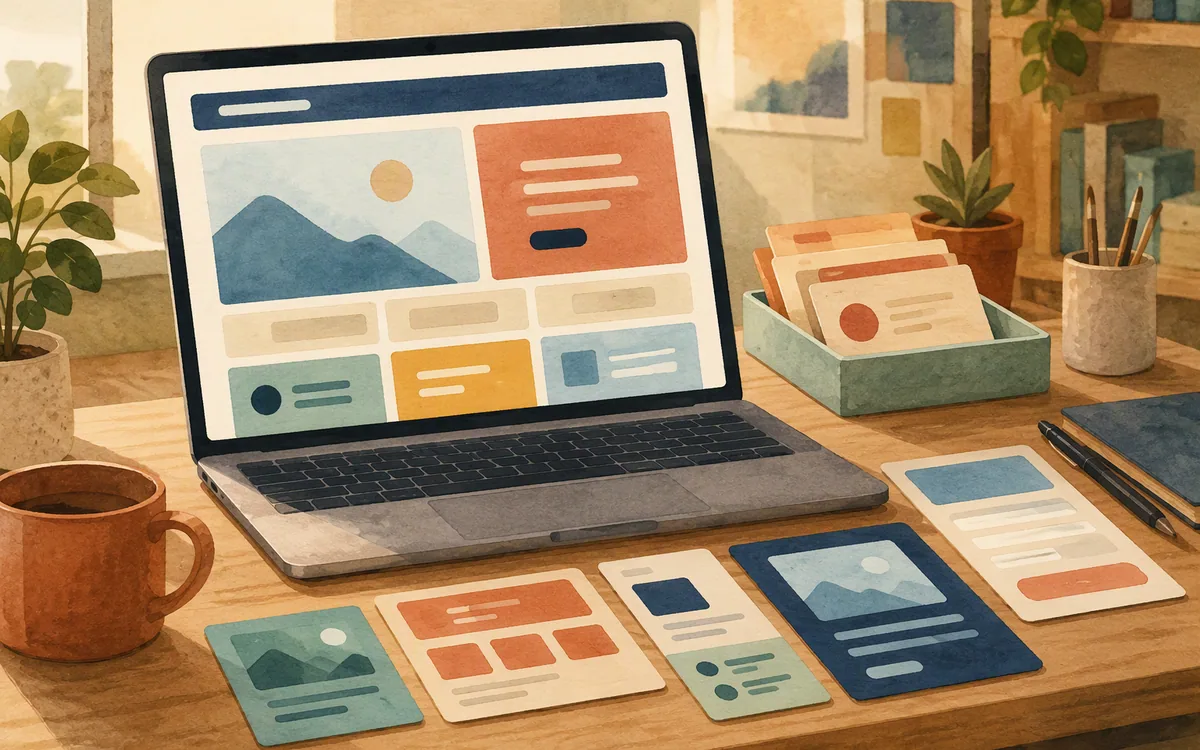 Hand-painted laptop with an abstract landing page and reusable layout components on a desk.