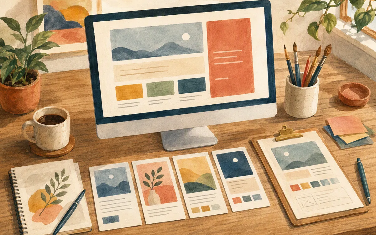 Hand-painted studio showing one abstract page template expanded into multiple matching pages.