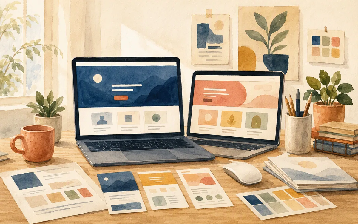 Two landing page layouts compared on monitors at a studio desk.