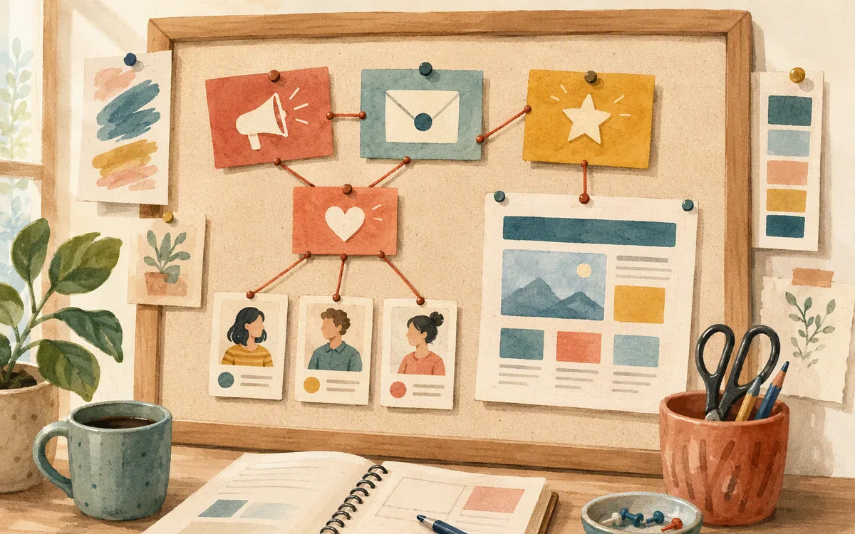 Campaign and audience planning materials arranged on a pinboard.