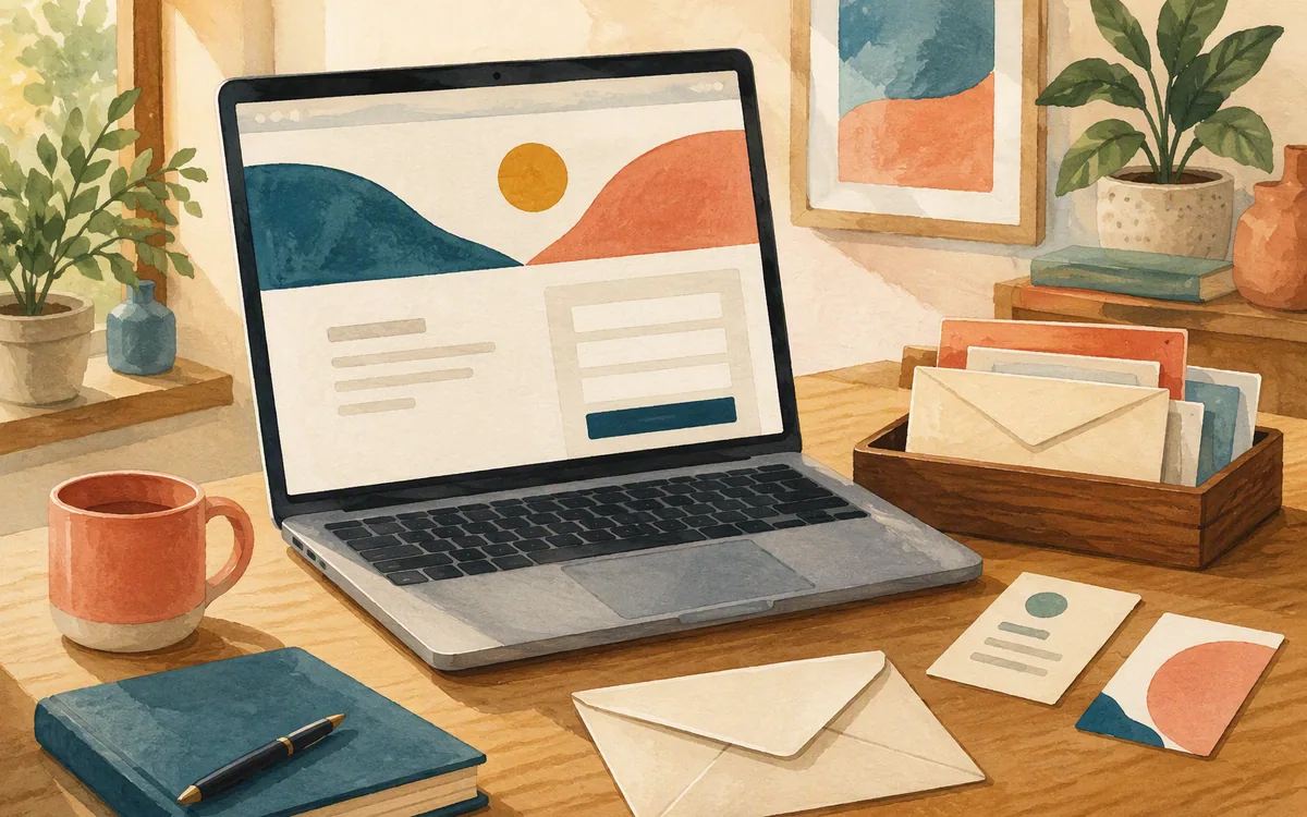 A landing page and lead-capture workflow represented on a desk.