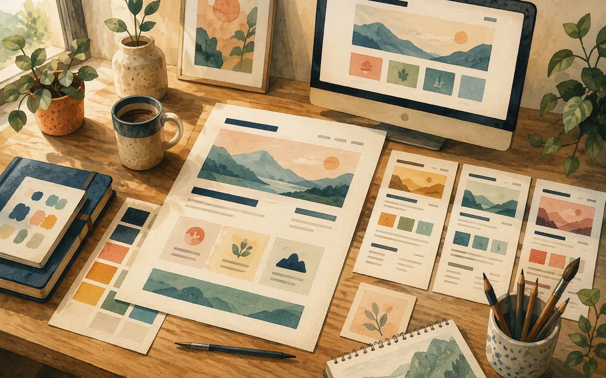 Reusable landing page templates and campaign variants on a design studio table.