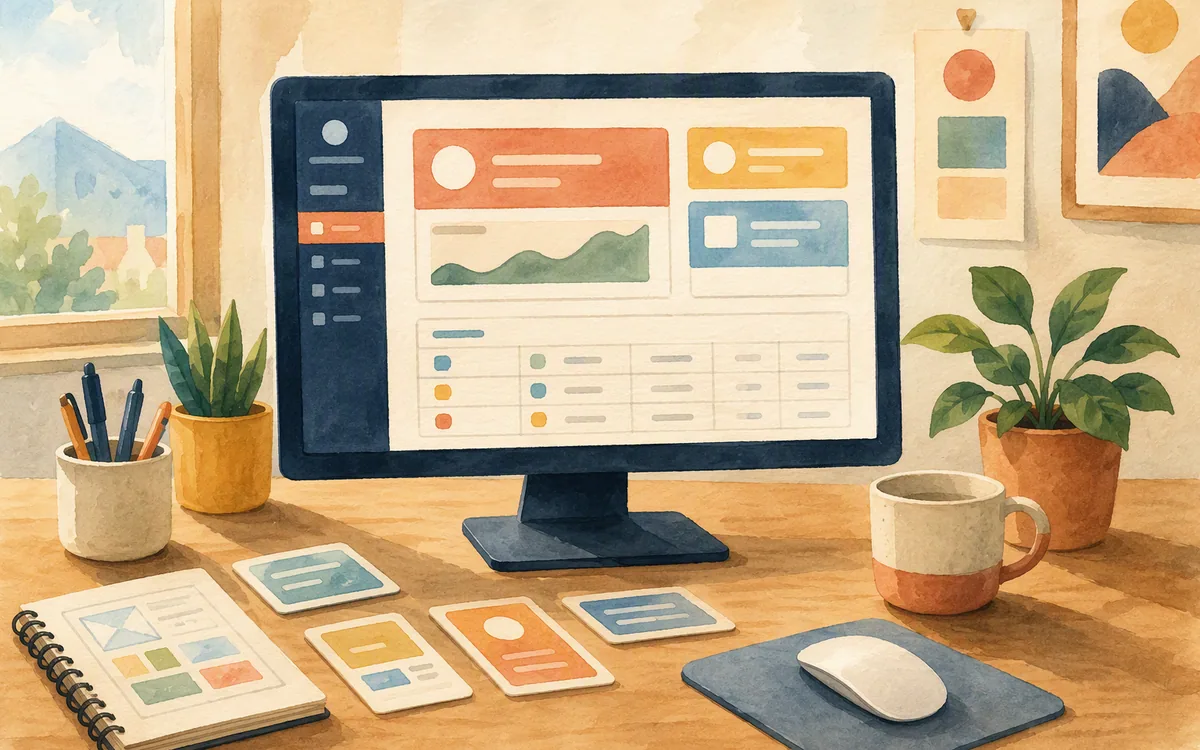 Hand-painted desk scene with a monitor displaying a simplified dashboard layout and reusable interface tiles.