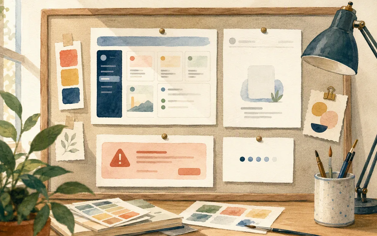 Hand-painted pinboard with abstract interface cards representing different dashboard states.