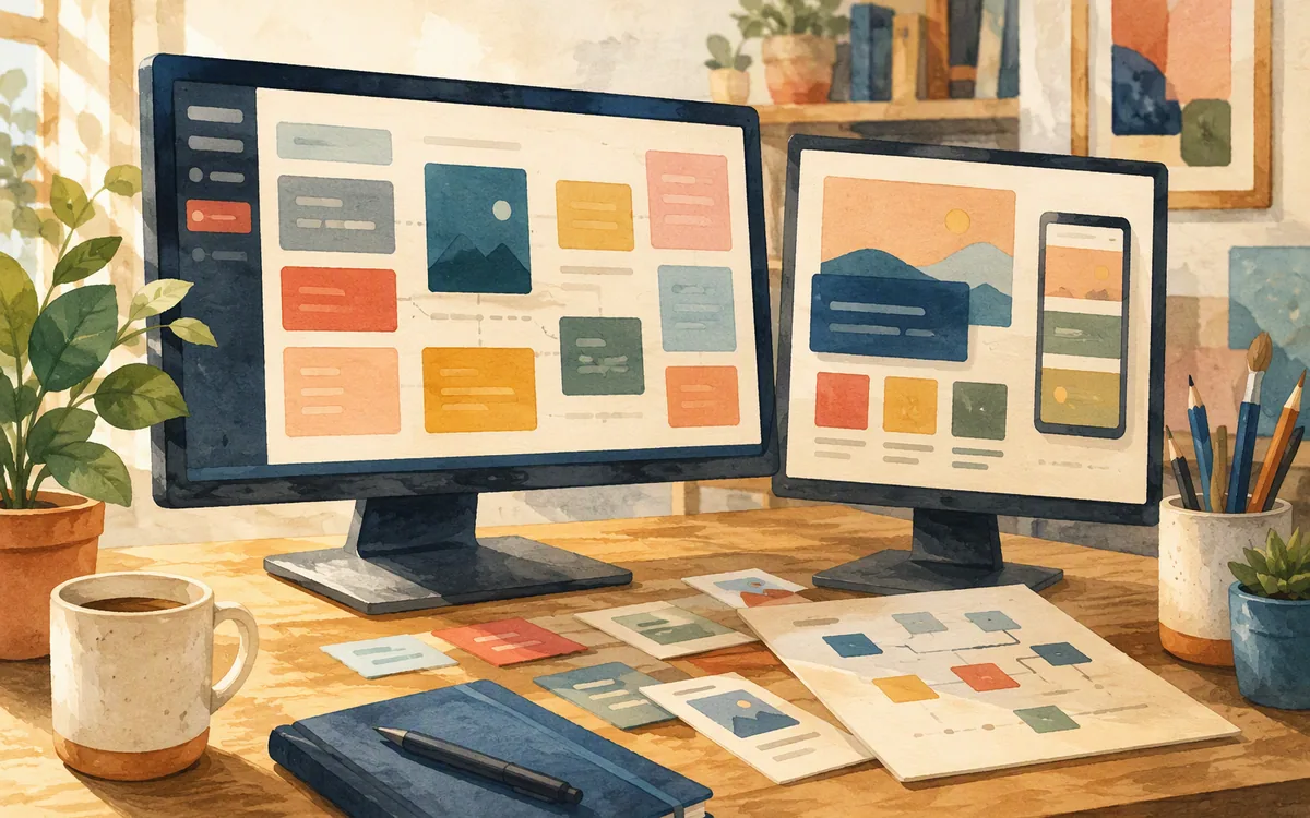 Hand-painted studio scene comparing structured interface components with an interactive page composition.