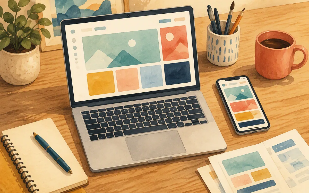 Hand-painted laptop and phone showing the same abstract web app layout adapted for different screen sizes.