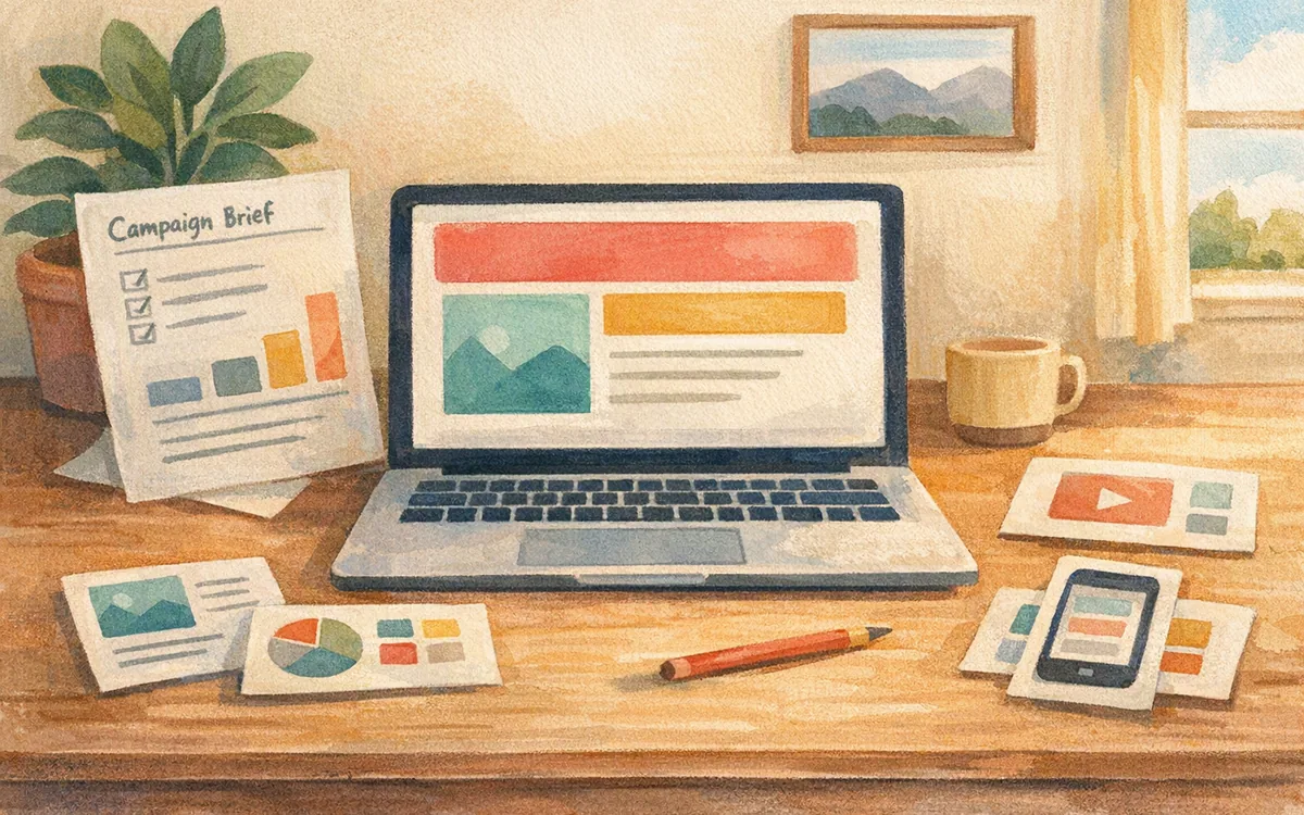 Hand-painted desk scene with a laptop displaying a simplified marketing page layout and campaign planning materials.