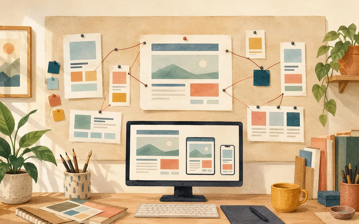 Hand-painted pinboard of connected page layout cards above a monitor showing a simplified responsive website.
