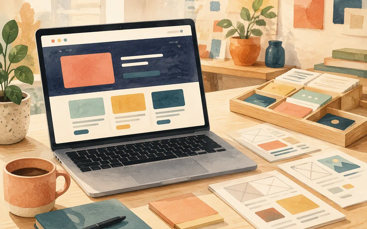Hand-painted comparison workspace with a polished page on a laptop and wireframe cards with reusable components beside it.