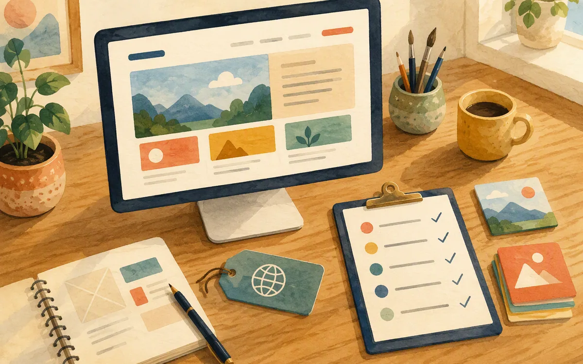 Hand-painted desk scene showing a finished web page, reusable content cards, and publishing materials.