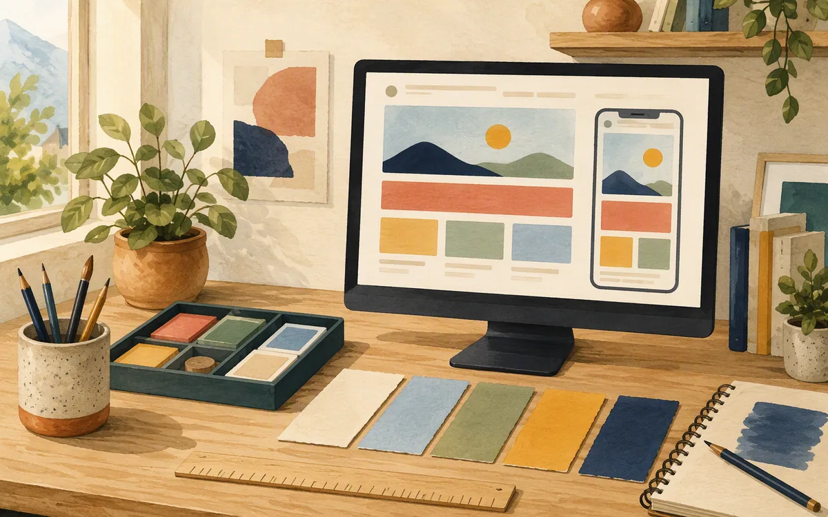 Hand-painted desk scene with design tools and a monitor showing simplified responsive page layouts.