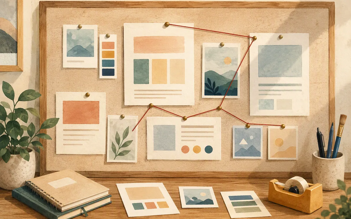 Hand-painted pinboard showing reusable page layout cards connected into a content system.