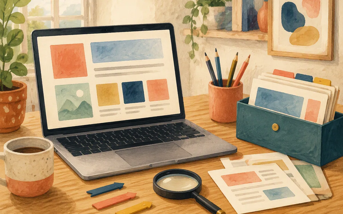 Hand-painted laptop and desk objects representing a review of site structure and search readiness.