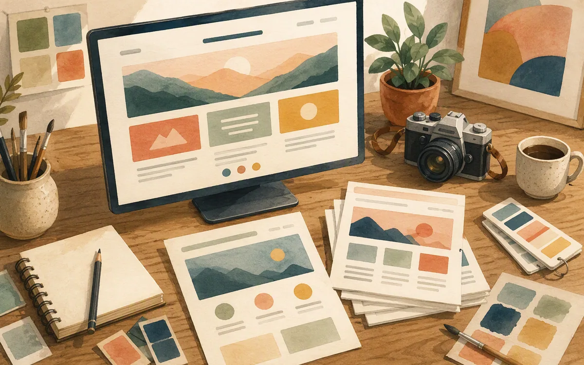 Hand-painted studio workspace showing a homepage and a set of reusable page templates.