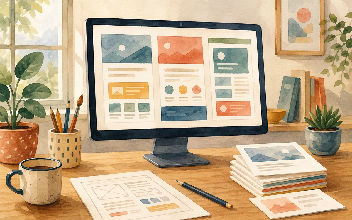 Painted desk scene with a monitor showing several simplified colored landing page layouts and reusable content cards.