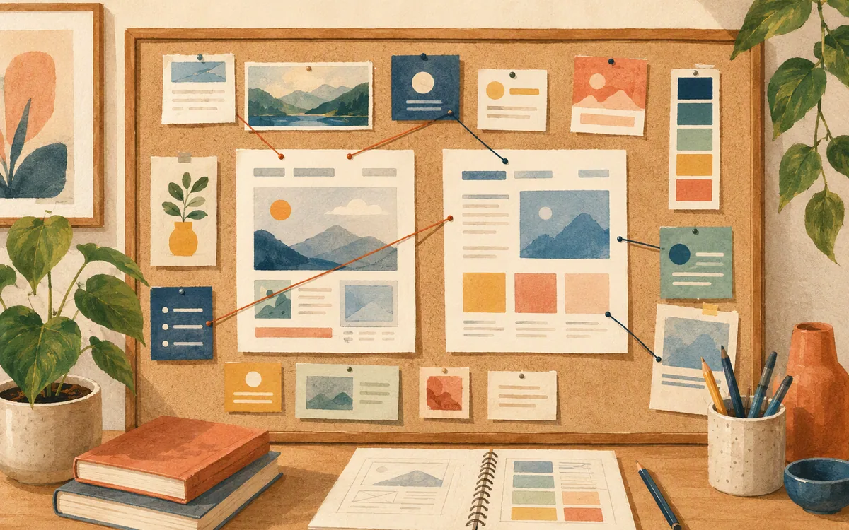 Painted pinboard showing reusable content cards connected to two page template layouts.
