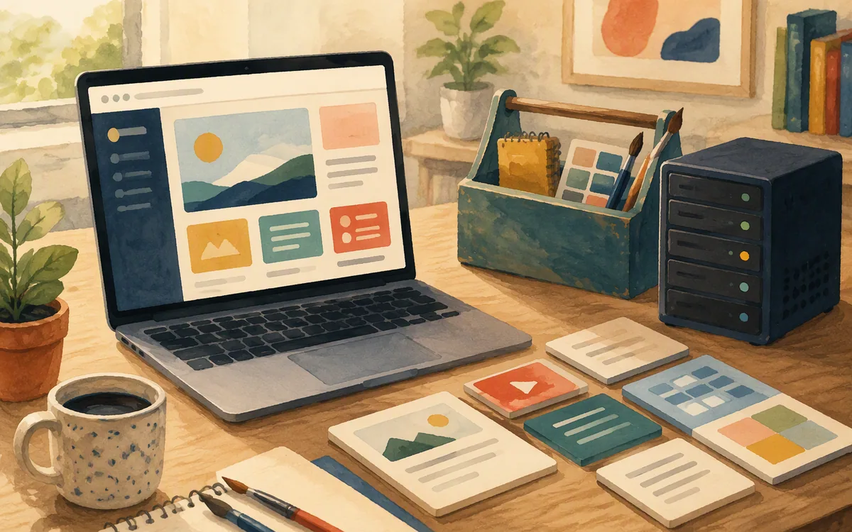 Painted laptop and desk objects representing visual building, self-managed tools, and modular content systems.