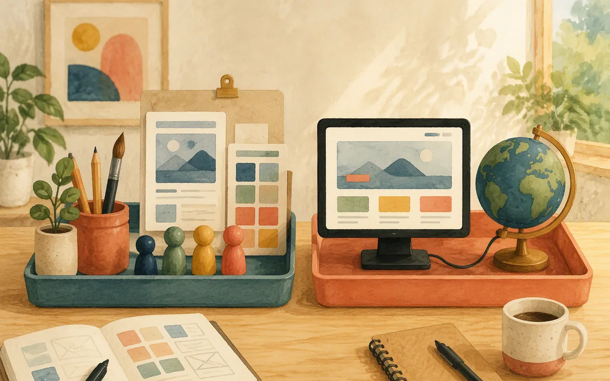 Hand-painted desk illustration separating design workspace tools from a published website setup.