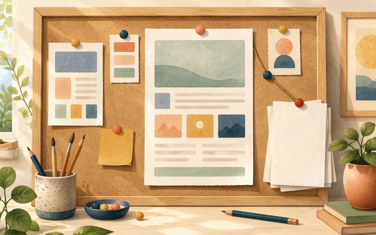 Hand-painted pinboard showing the difference between a simple static website and a content-managed website.
