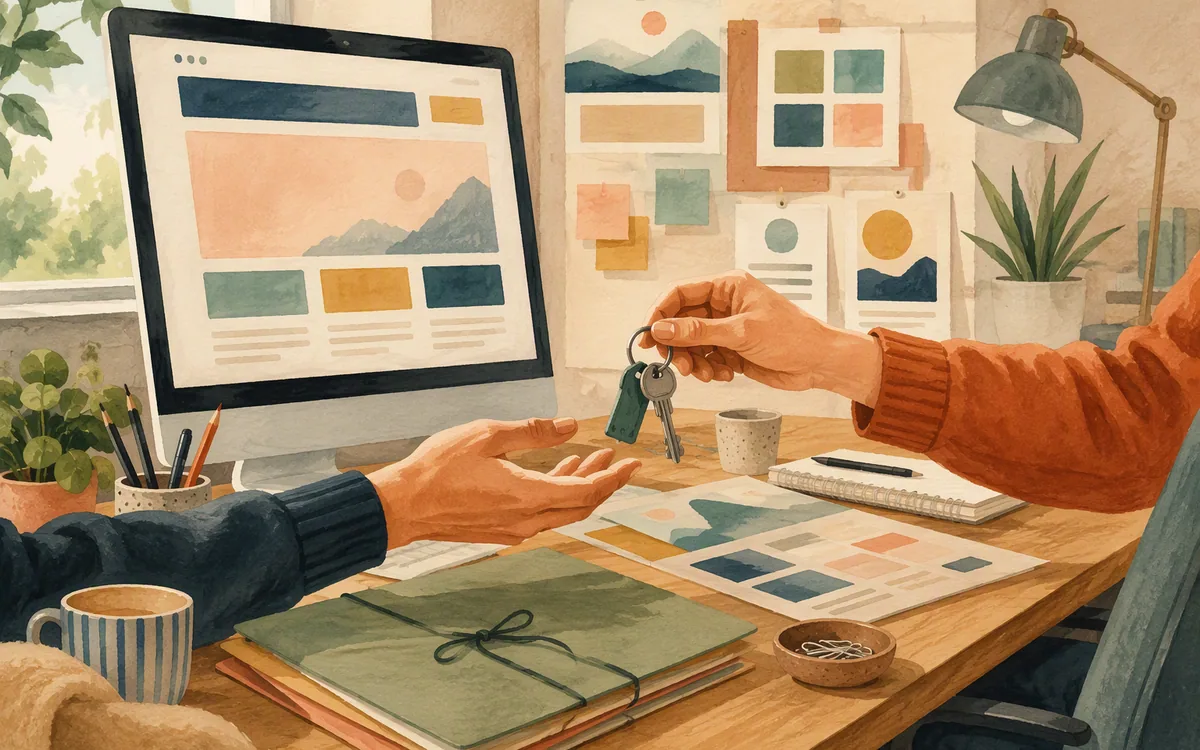 Hand-painted agency studio scene showing multiple client website projects and a client handoff.