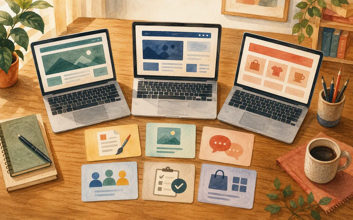 Hand-painted desk illustration for comparing website platforms by workflow requirements.