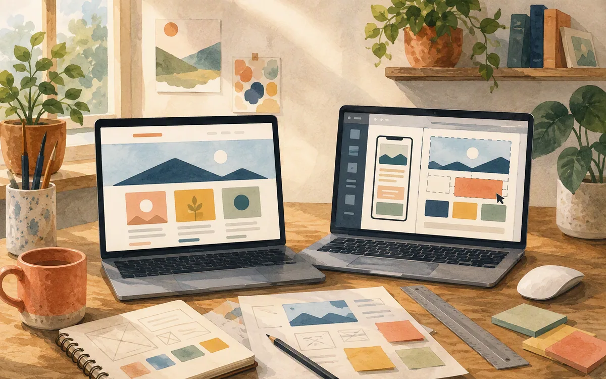Painted desk scene comparing a simple website layout workflow with a more design-controlled responsive workflow.