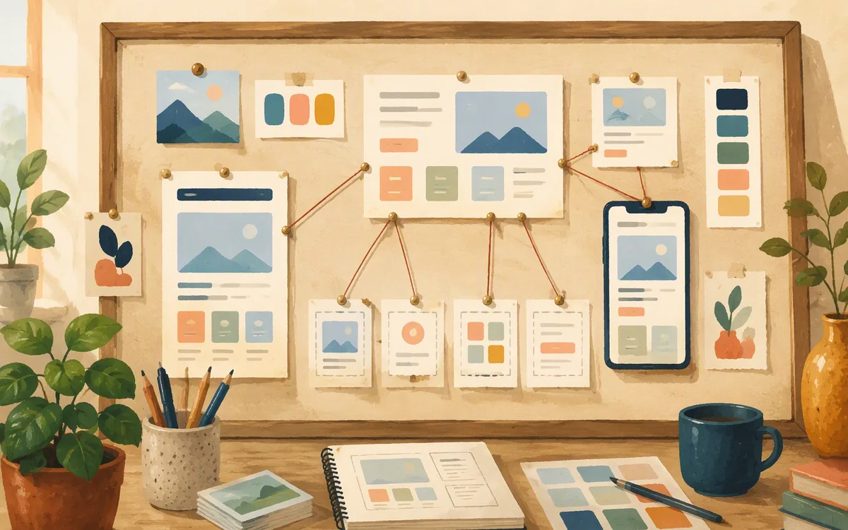 Painted pinboard showing reusable website components arranged for multiple device sizes.