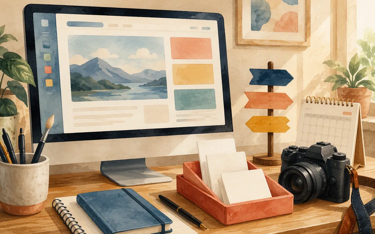 Painted content publishing workspace with a monitor, content cards and planning objects.