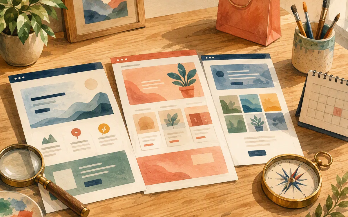 Painted table with three website layout mockups and objects representing marketing, commerce and planning needs.