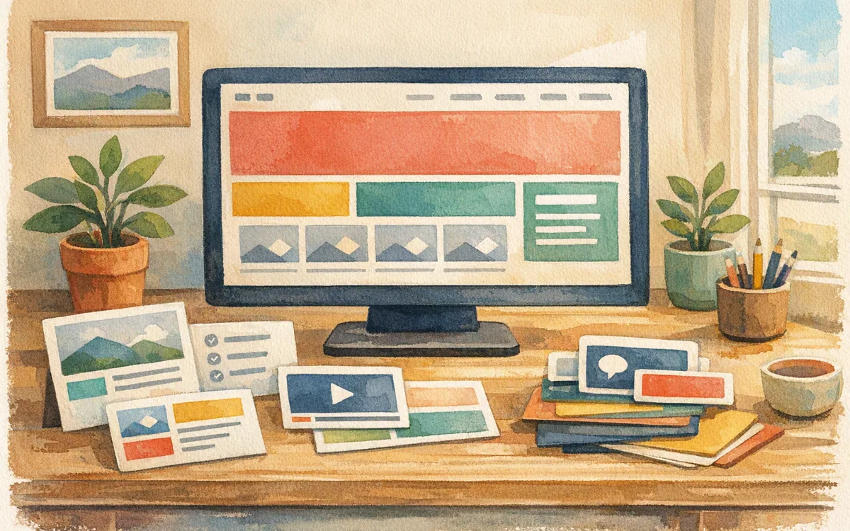 Hand-painted desk scene with a monitor displaying a simplified modular marketing page and arranged design components.