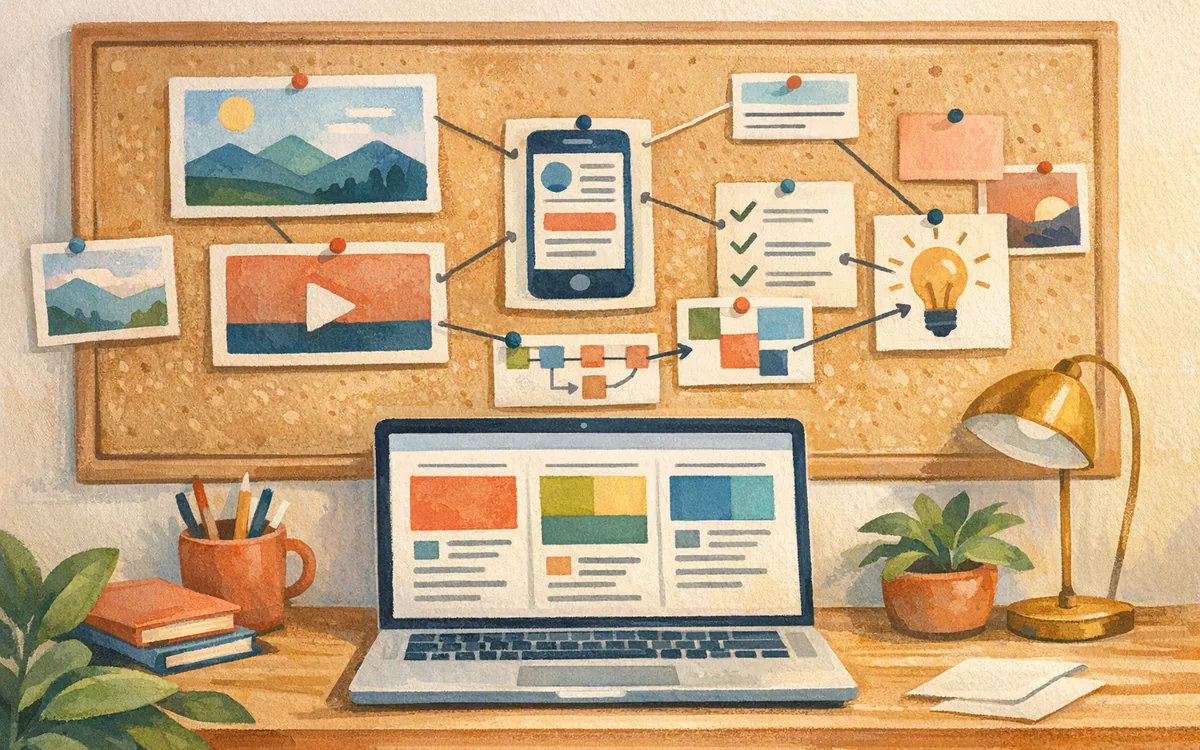 Hand-painted pinboard and laptop illustrating structured content connected to repeatable page templates.