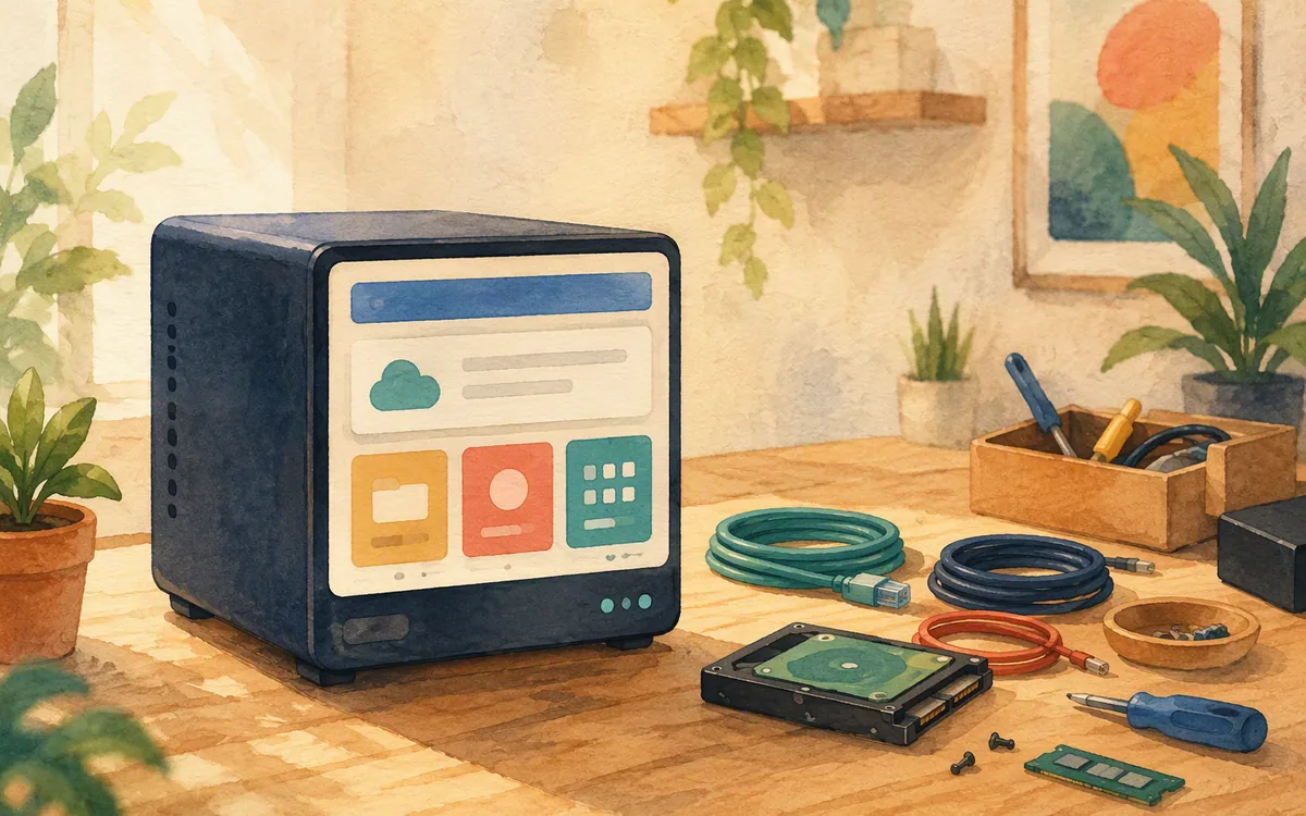 Hand-painted workbench contrasting a consolidated website setup with a multi-component website stack.