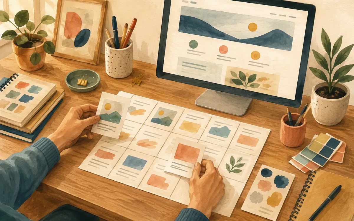 Hand-painted studio scene showing a designer planning a repeatable marketing website and content workflow.